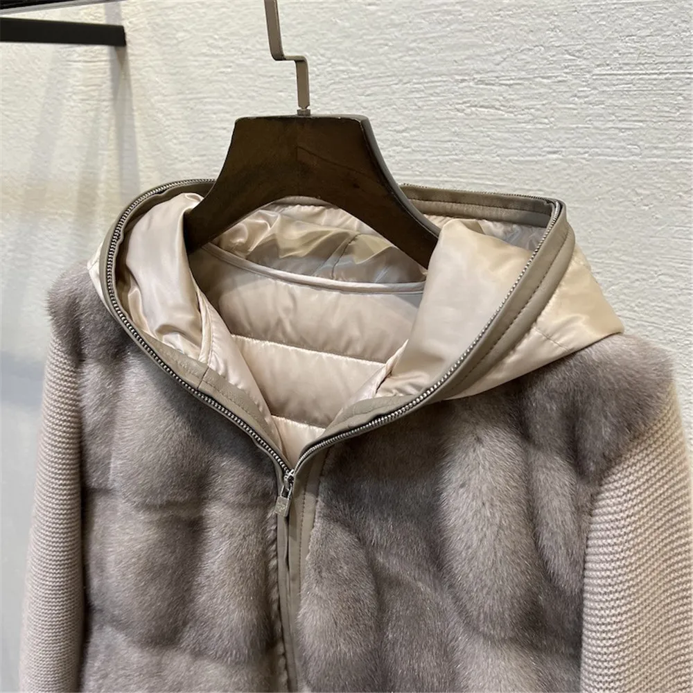 Women\'s Luxury Mink Wool Cashmere Coat  Hooded Fur Patchwork White Goose Down Fur Short Coat