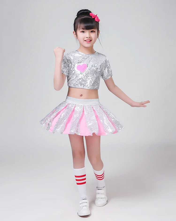 

3pc Children Girl hip Hop Jazz Costume Modern Ballroom Dance Wear Clothing Kids Sequined Sports Clothes For Girls White Jazz