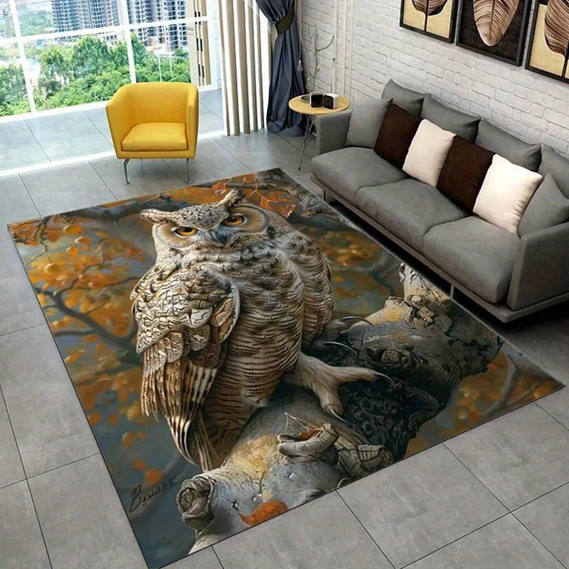 Realistic Owl on Branch Rug for Cozy Living Rooms - Wildlife Themed Carpet, Animal Print Decor, Rustic Home Style