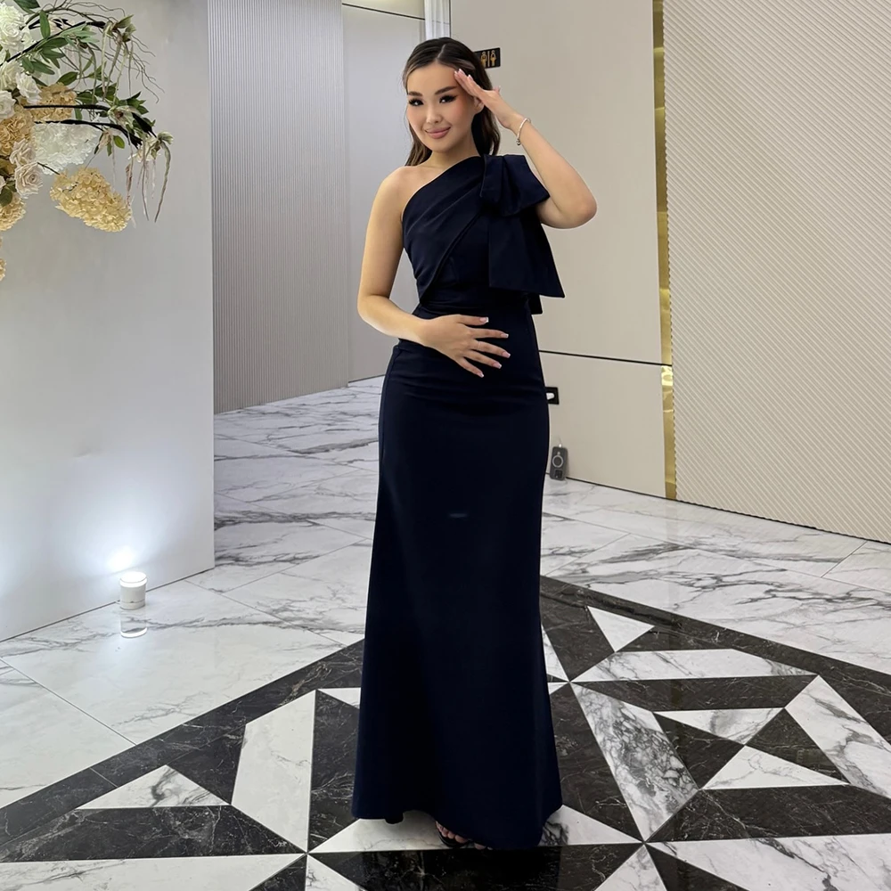 Sukienka wieczorowa na jedno ramię, granatowa, z dżerseju, z odkrytymi plecami, z kokardą, prosta sukienka na przyjęcie, krój syreny, długość do kostek, suknia na studniówkę.