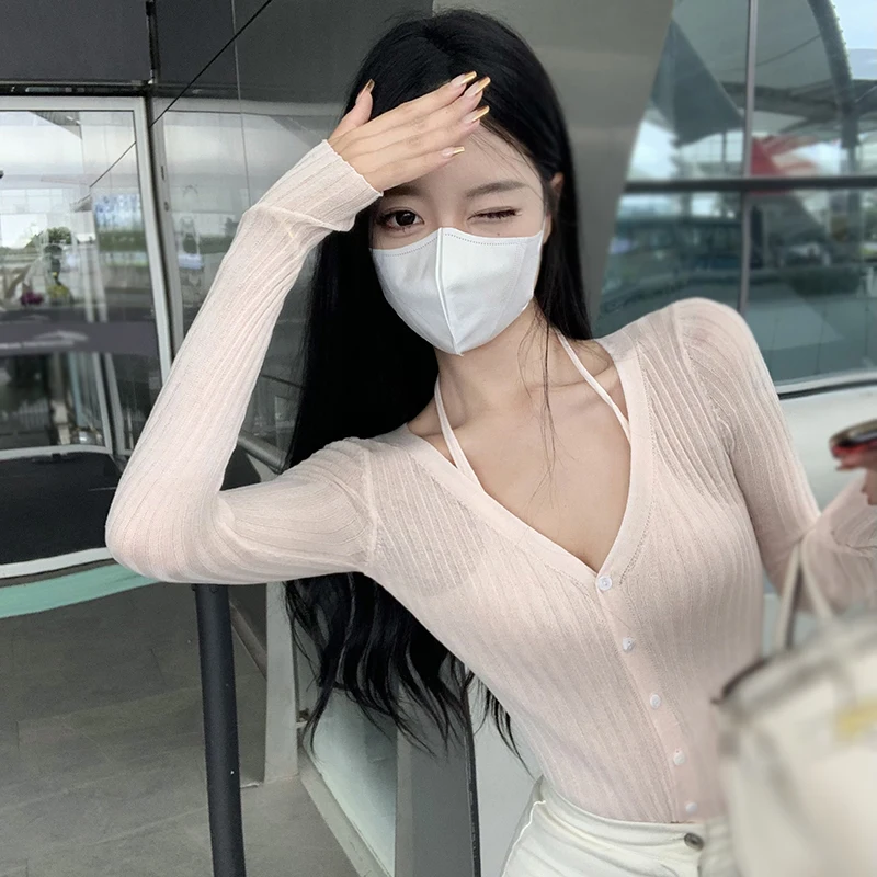 Women\'s Knitted Sunscreen Top Casual Fashion Fake Two Pieces Spring Autumn Long Sleeves Solid Color Halter Blouse Korean Version