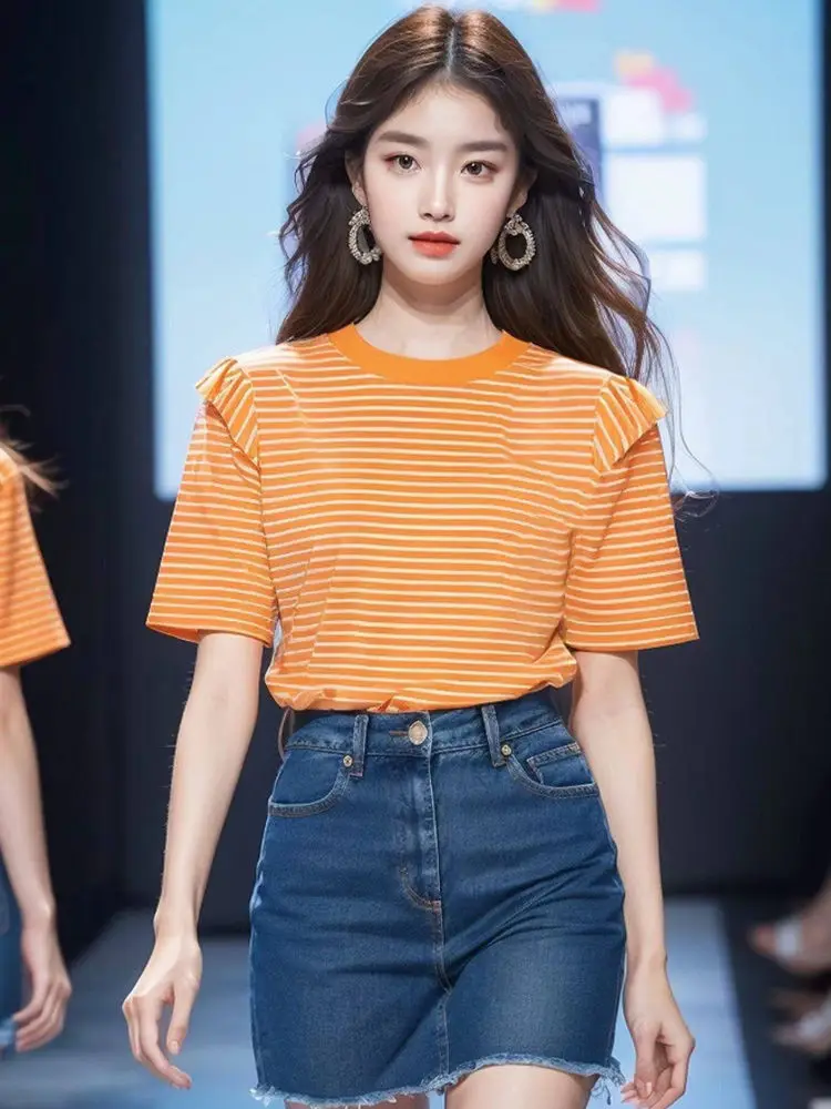 2024 Summer Orange Stripe New Top with Ruffle Edge Short Sleeve T-shirt