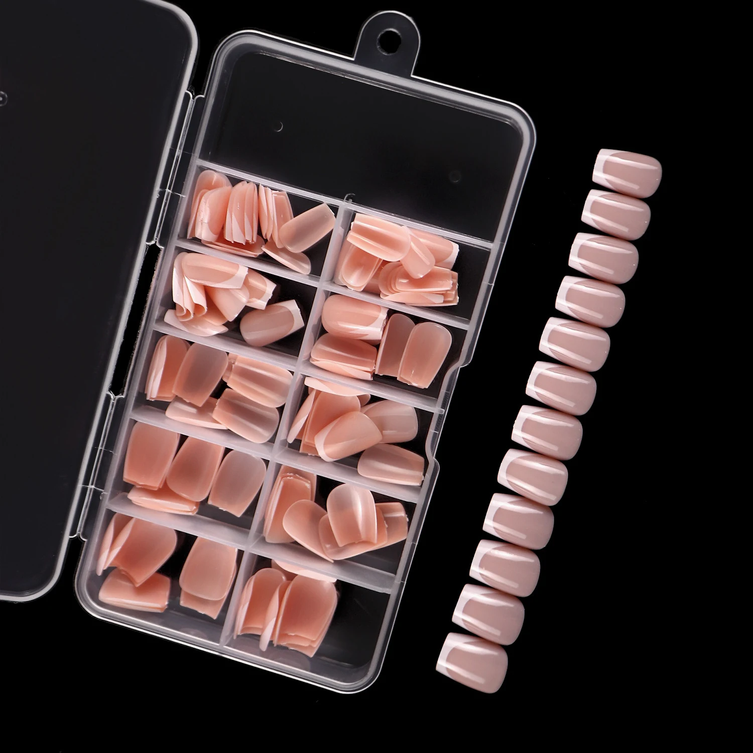 أظافر اصطناعية أكريليك قابلة لإعادة الاستخدام ، طرف فرنسي أبيض ، اضغط على أظافر مزيفة مربعة متوسطة ، غطاء كامل ، أظافر عارية لامعة ،