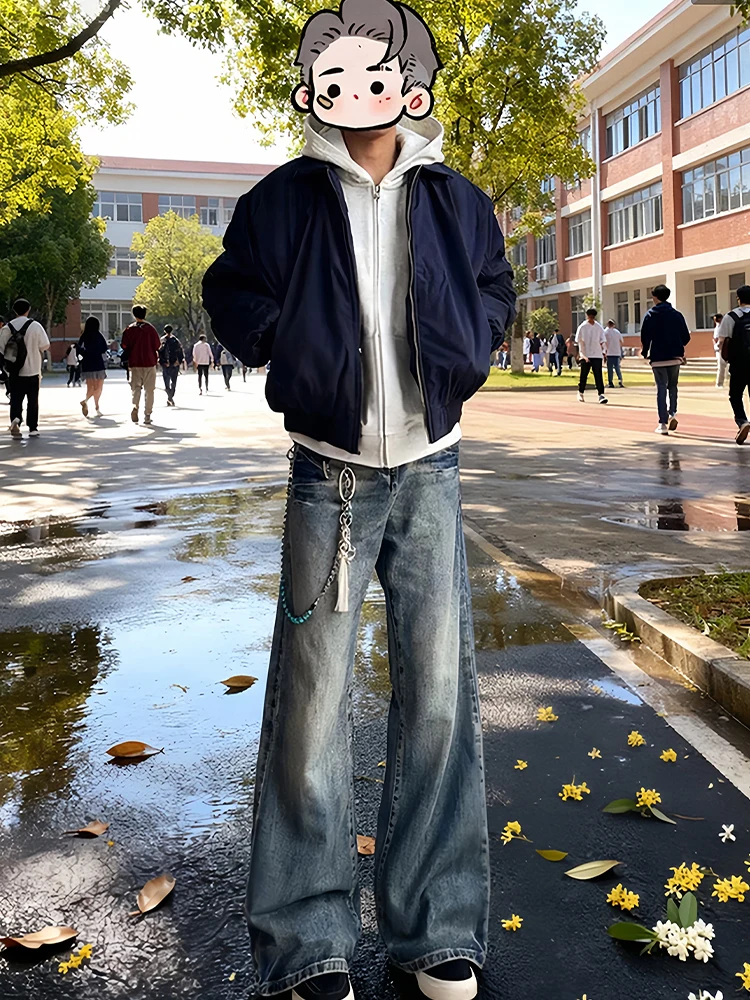 

American Sle Lightning Pattern Men's Jeans CleanFit Waed Pants Rise Leg Lengthening Straight Micro Flared Trousers