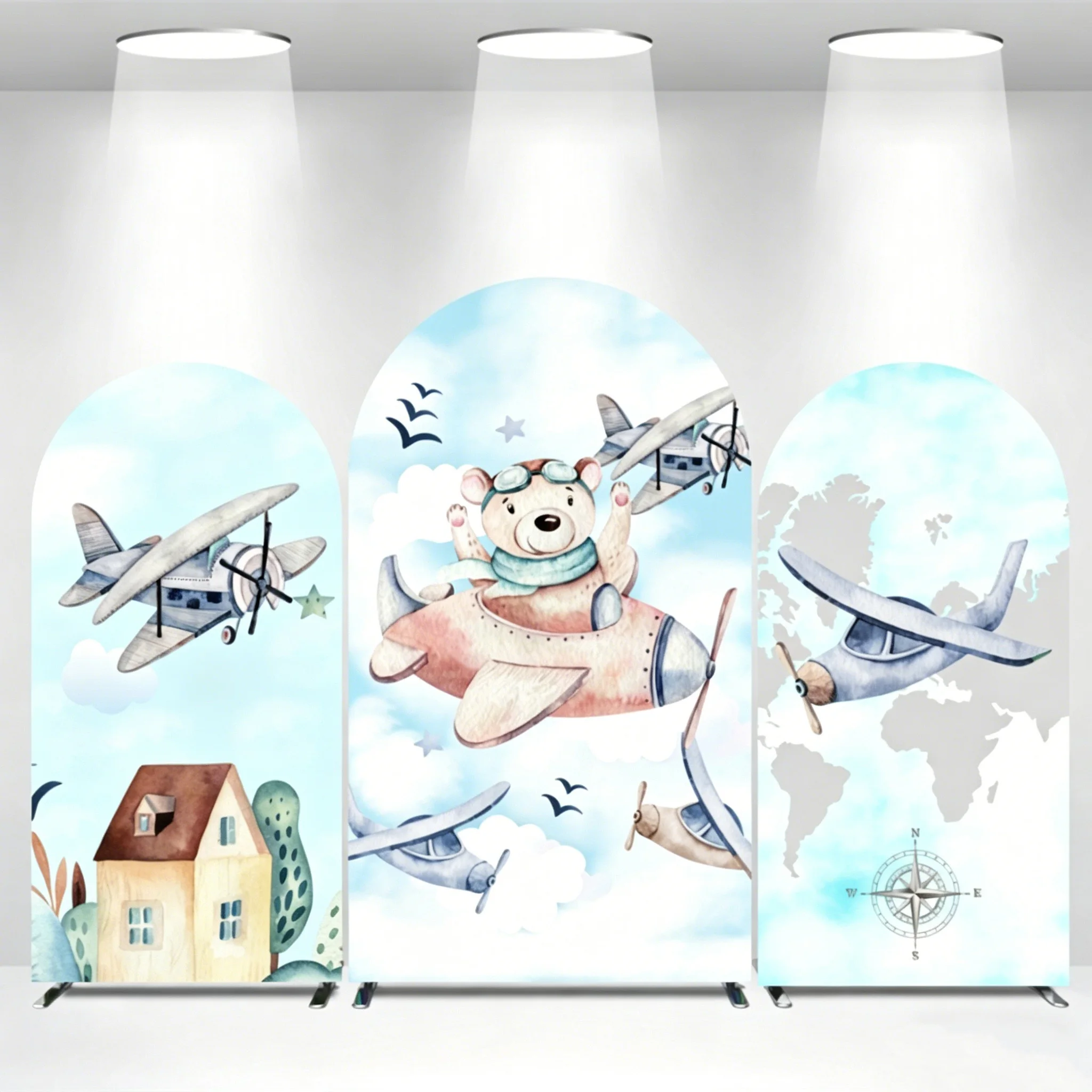 LS Custom 2-Sided Pilot Adventure Plane Boys Birthday Party Baby Shower Covers Chiara Arch Background Decor Backdrop Photo