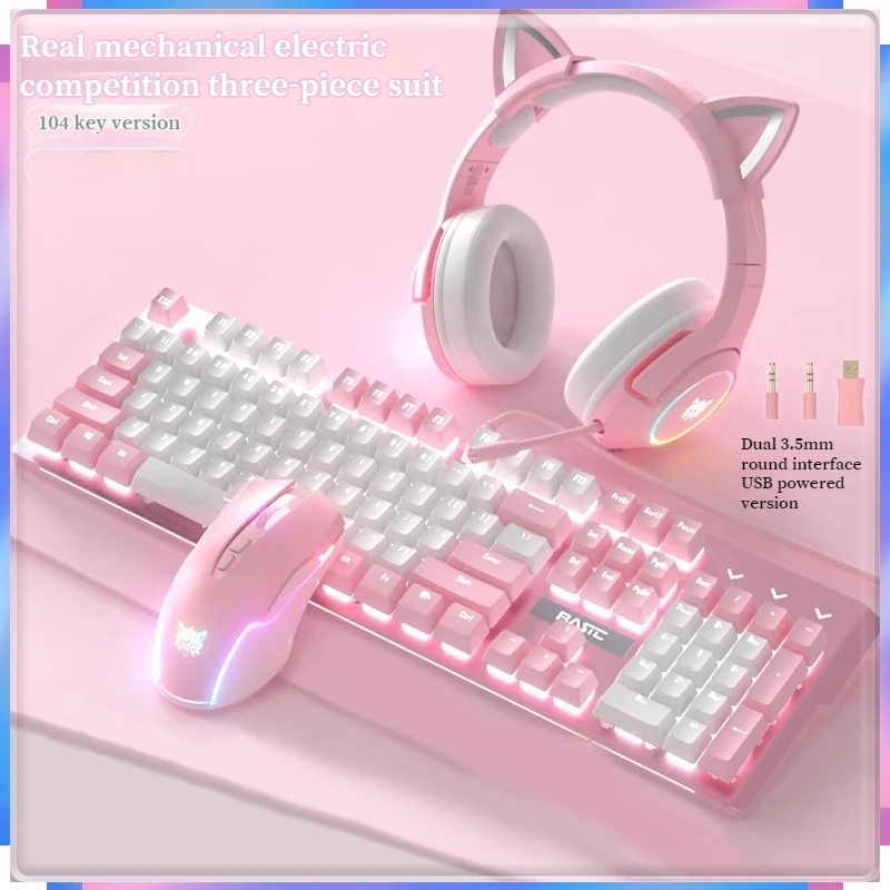 

Blue Switch Red Switch 104 Key White Backlight Pink Usb Interface Wired Mechanical Keyboard Mouse Headset Set For Laptop Desktop