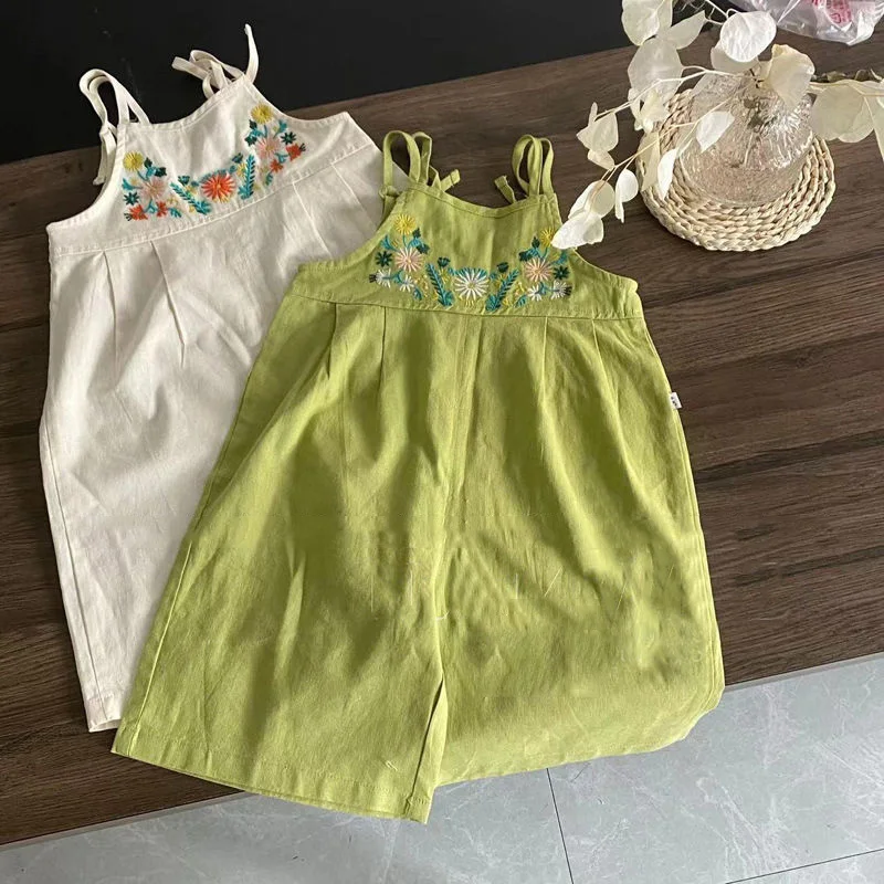 

Baby Girls Cotton Jumpsuit Chic Floral Embroidery Spaghetti Strap Thin Overall Pants Summer Children Suspender Trouser Romper