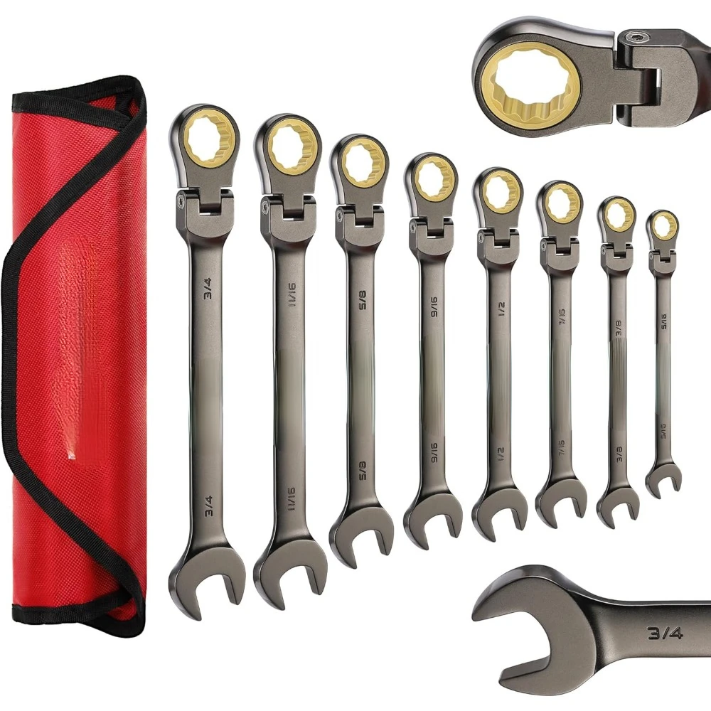 8-piece Flex-Head Ratcheting Combination Wrench Set, SAE 5/16-3/4 in, 72-Teeth, Cr-V Constructed, Nickel Plating with Organizer