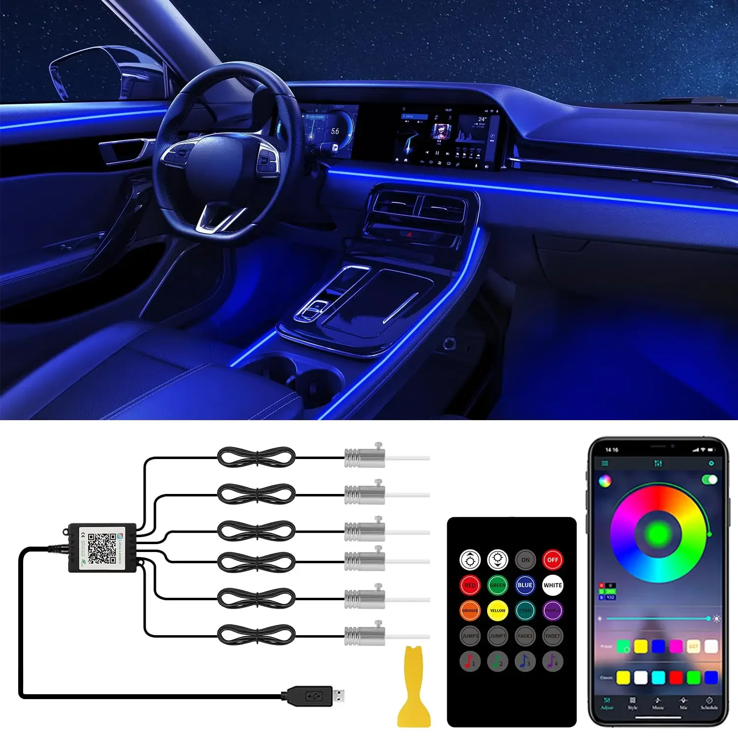 

6 in 1 Car Ambient Lighting Kit with RGB Fiber Optic Strip LED Light APP Remote Music Sync Universal Interior Mood Decoration