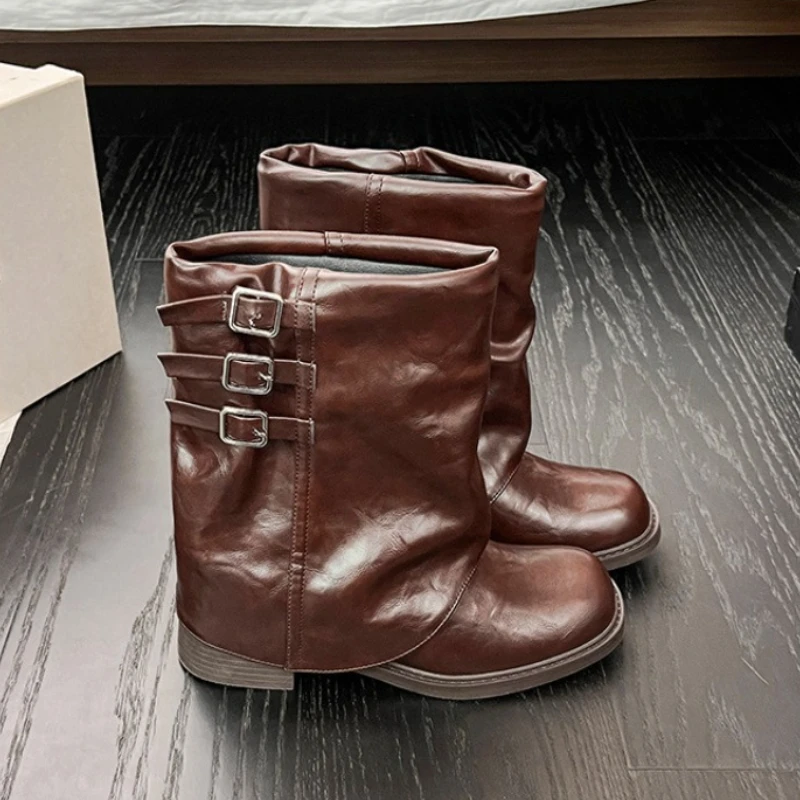 

Autumn New 2025 Vintage Split Leather Women Mid-Calf Boots Thick Bottom Belt Buckle Height-increasing Insoles Cool Girl Shoes