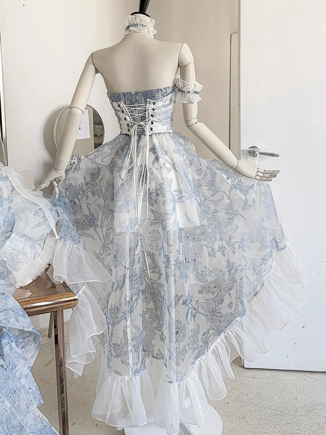 Blauwe bloemenprint ter Vintage Dr dames zomer Vaion Princ Sle lange rok Tagkita merk No Sve onregelmatige zoom