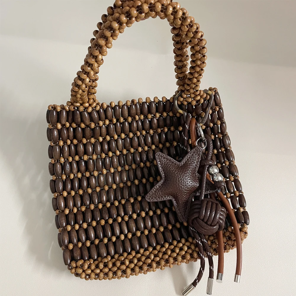 Handmade Woven Bag For Women Exquisite Hollow-out Wooden Beadec Small Handbag With Removable Inner Bag