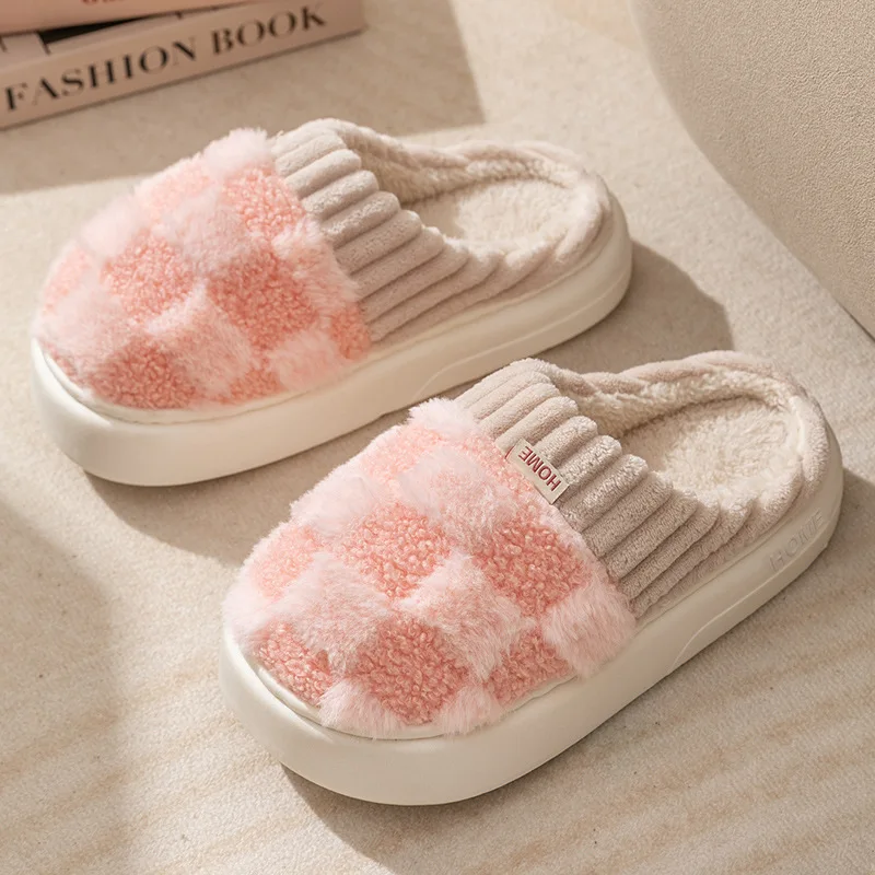 Litfun Winter Fur Fuzzy Slippers For Women New Pineapple Lattice Soft Sole Plush Shoes Non-slip Warm Home Fluffy Cotton Slippers