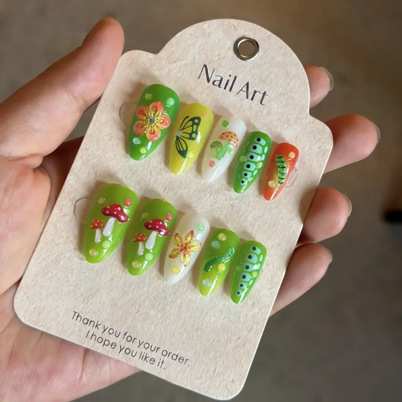 24Pcs False Nails Forest Mushroom and Caterpillar-Patterned Almond-Shaped Press-On Nails—Perfect As A Gift for Girls and Friends