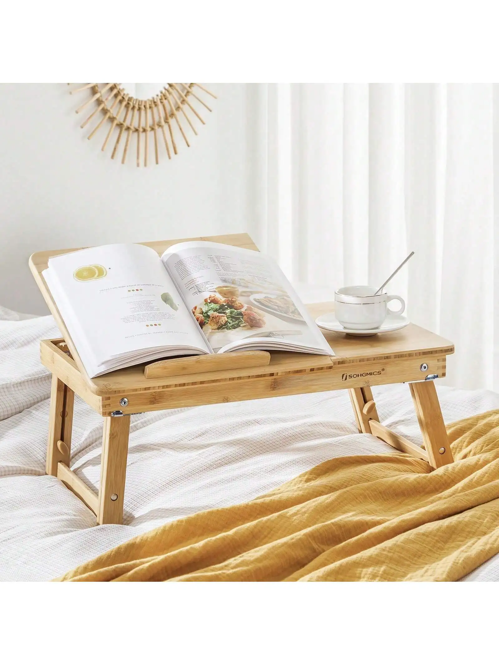 

SONGMICS Bamboo Laptop Desk, Adjustable Lap Desk, For Bed Or Sofa, Breakfast Table, Tilting Top With Drawer, Hollow, Breathab