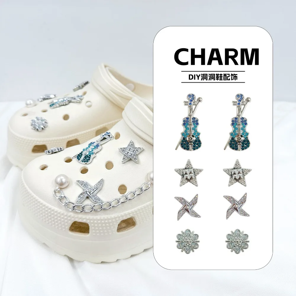 

New Fashion Cartoon Violin Hole Shoe Charms Decorations Sparkling Pearl Chain Shoes Buckle DIY 3D Hole Shoe Accessories