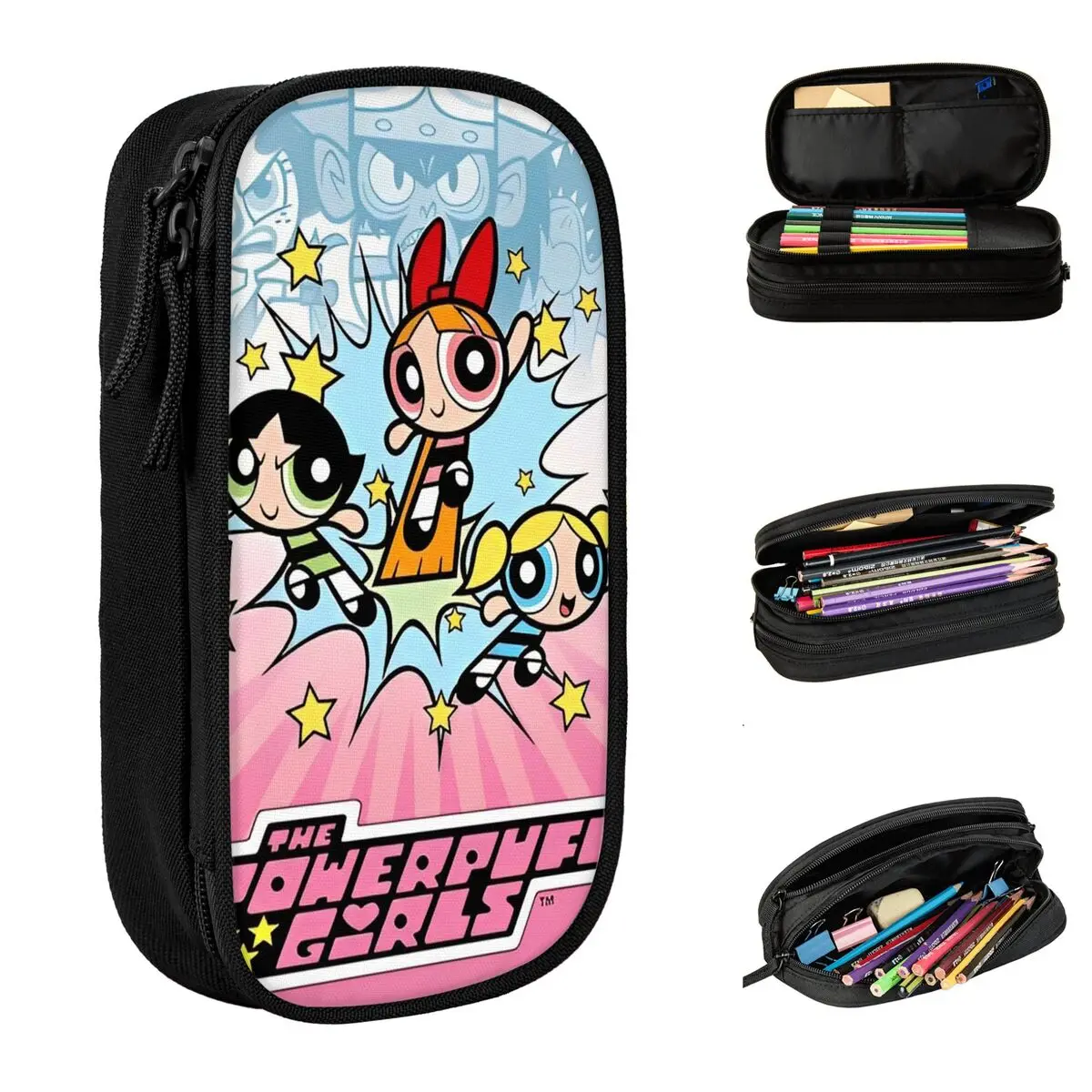 

P-PowerPuffs Pencil Case Cute University Pen Box Boy Girl Canvas Lovely School Pencil Cases Custom Supplies