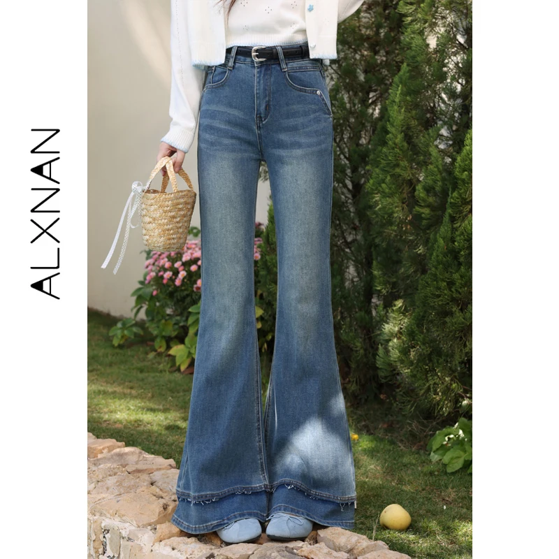 

ALXNAN Vintage Blue Flare Jeans Women High Waist Straight Wide Leg Denim Pants Spring Fashion Casual Baggy Pants Ladies L61539