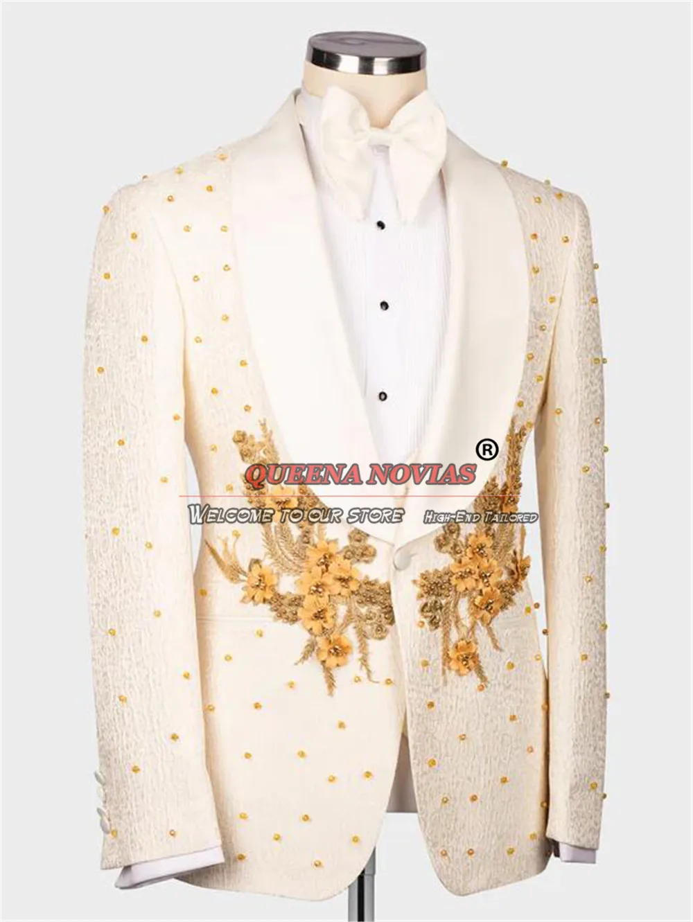 Classic Floral Suits Men Gold Appliques Beaded Prom Blazer Formal Party Groom Wedding Tuxedo Bespoke trajes de hombre elegante