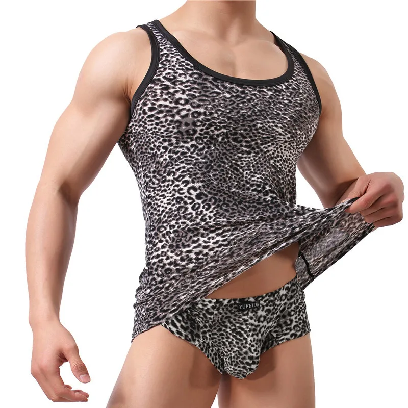 Mens Undershirts Sets Leopard Printed Tank Tops Boxer Shorts Sets Two Piece Workout Sports Gym Underwear Shirts Panties Suits