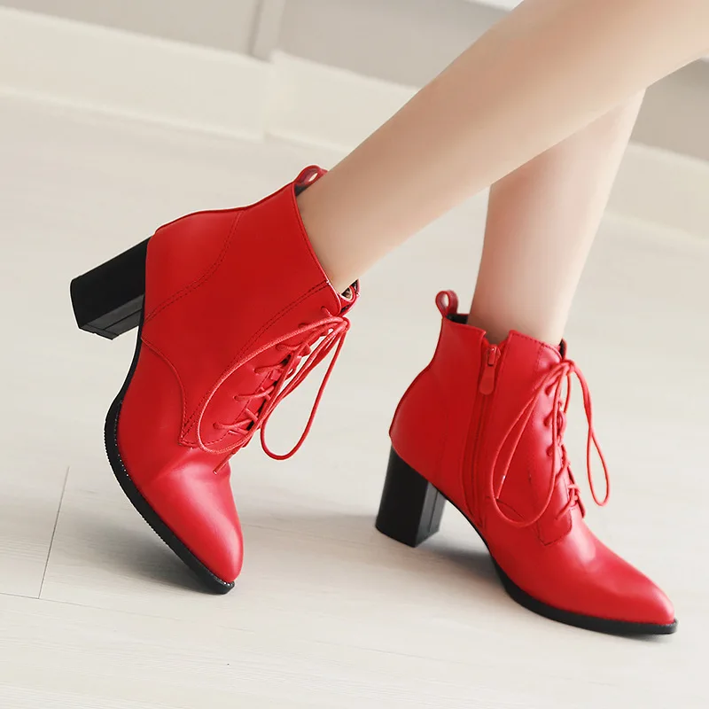 Fashion Ankle Boots for Women Casual Lace Up Autumn Spring Short Boot Female Thick Med Heel Black Red Shoes Lady Big Size 45 46