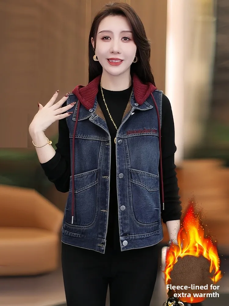 

Faionable Patchwork Denim Vest Women's ort Unique Embroidery Svel Top Commute Sle Winter New Arrival