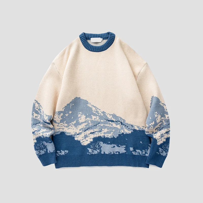 Uomo Hip Hop Pullover Streetwear Harajuku maglione Vintage Snow Mountain maglione lavorato a maglia inverno Casual Pullover maglieria taglia XXL