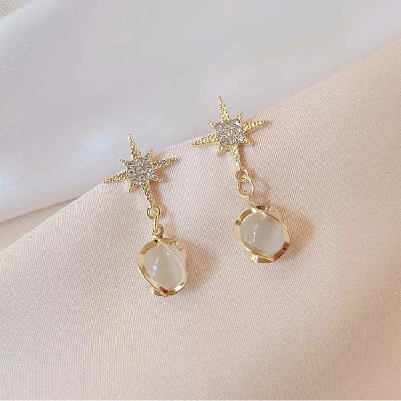 Fashion Opal Ball Dangle Earrings Elegant Crystal Star Drop Earrings for Women Girls Wedding Party Festival Gift Jewelry