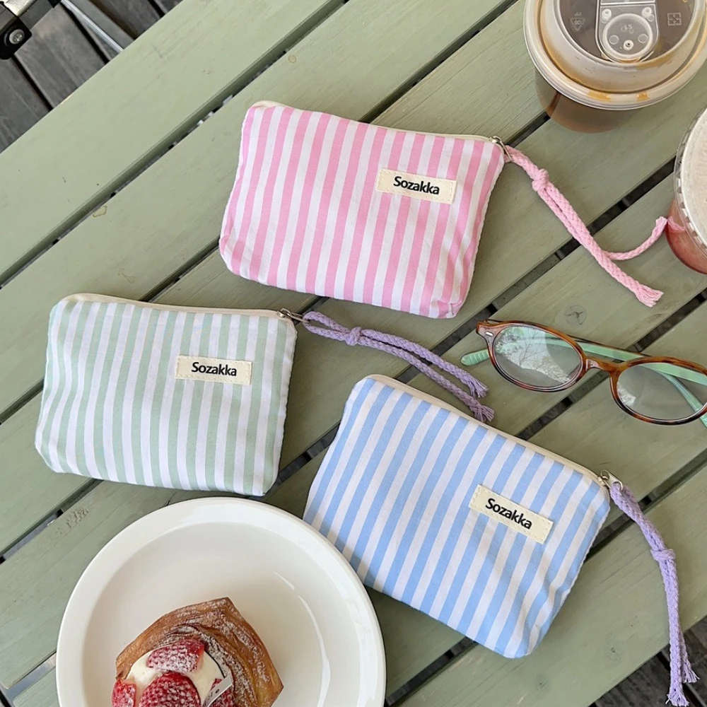 Small Cosmetic Make Up Bag Mini Canvas Striped Organizer Bags for Women Lipstick Makeup Case Children Cute Purse Coin Pouch Case