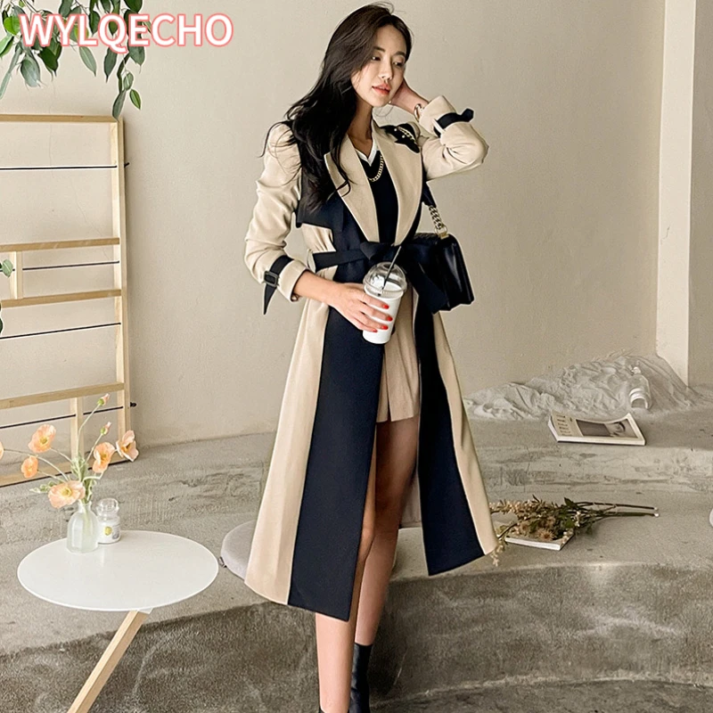 Elegant Notched Collar Lady Patchwork Windbreaker Full Sleeve Buttons Belted Women Long Trench Coats 2023 Winter Fashion Jacket