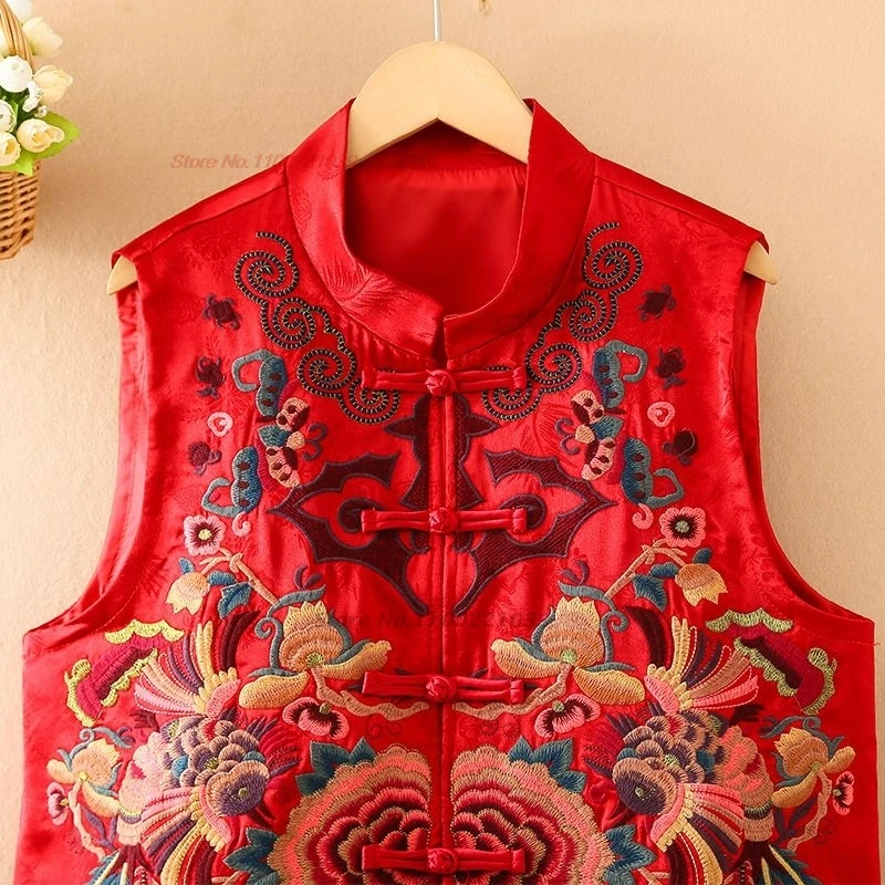 2024 nationale bloem borduurvest vintage opstaande kraag vest mouwloos jasje oosterse satijnen jacquard folk vest