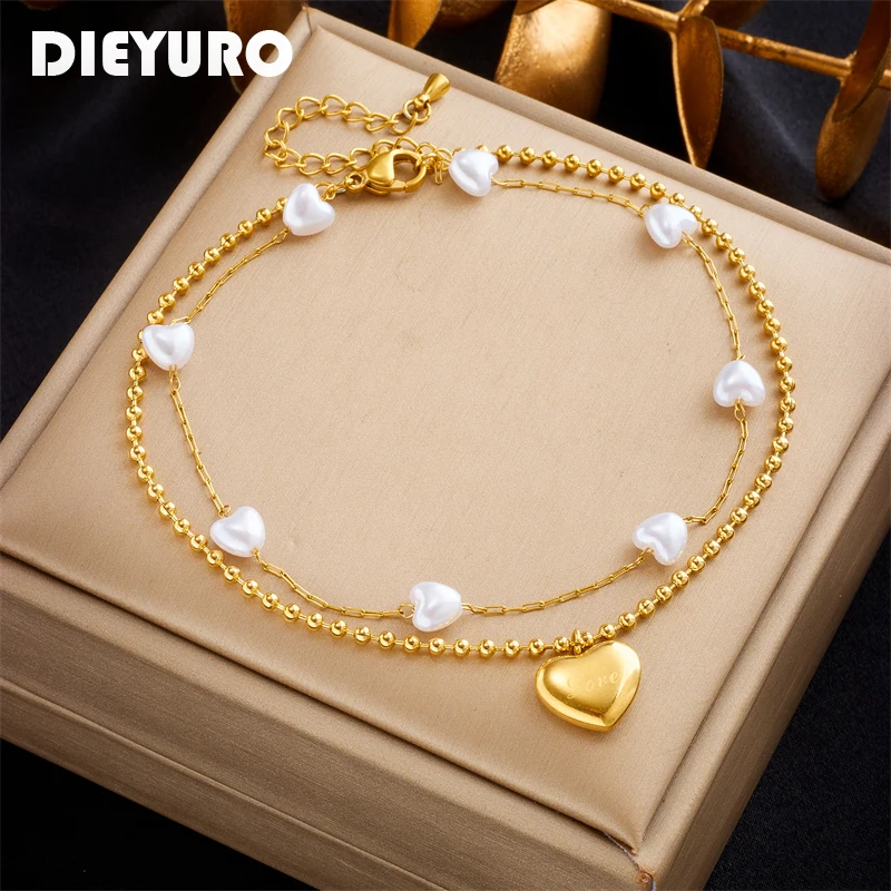

DIEYURO 316L Stainless Steel 2-Layer Heart Pearl Charm Anklets For Women Girl 2023 New Trend Leg Chain Jewelry Birthday Gift