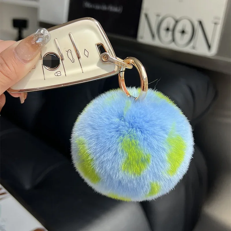 Cute Little Earth True Rex Rabbit Hairball Car Keychain Pendant Personalized Blue Pom-pom Book Bag Pendant Gift Cute Keychain