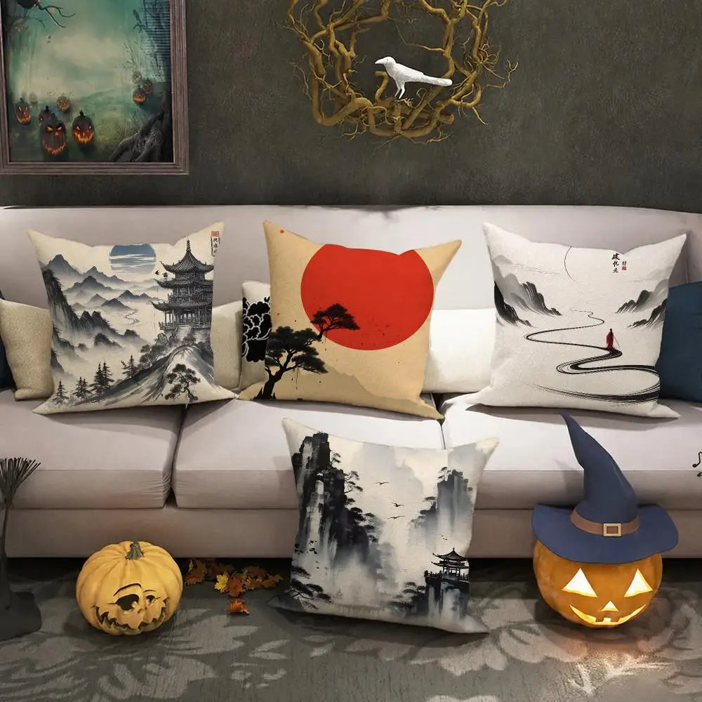 Chinese Ink Painting Style Cushion Cover Halloween decoration trick or treat cushion cover, ghost, pumpkin head, bat decoration