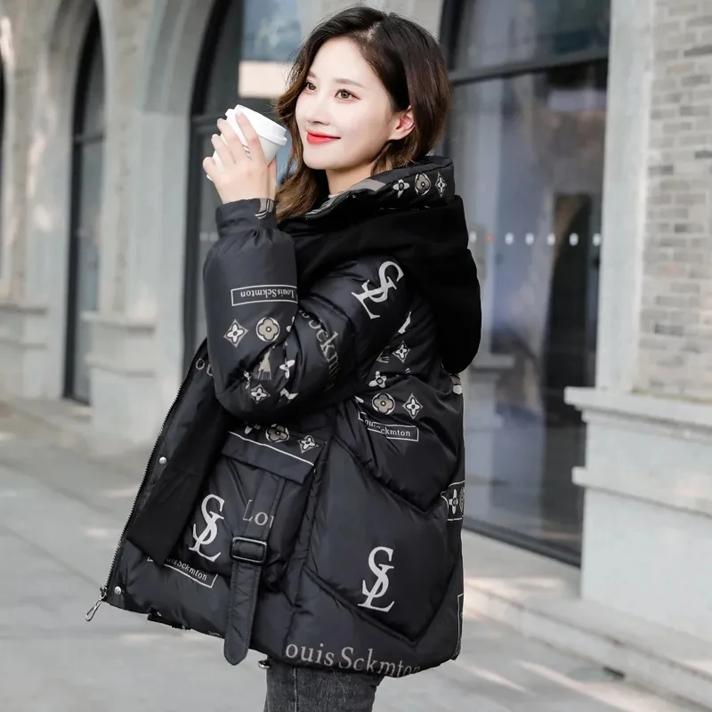 2023 Winter New Women\'s Down Cotton Coat Hooded Print Warm Korean Fashion puffer Loose Parka Thick jacket Female Student Outwear