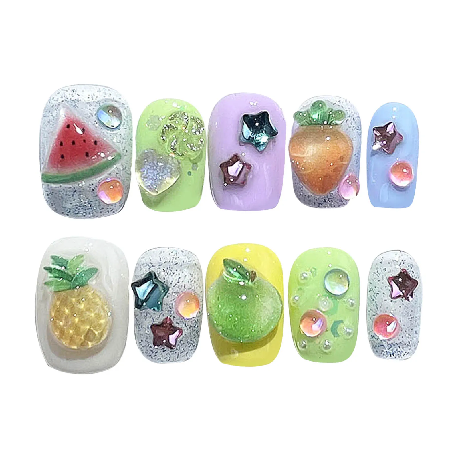 Druk Op Acyrlic Nagels 3d Schattig Vers Fruit Decor Handgemaakte Nepnagels Kunst Glanzend Diamant Decor Zoete Korte Ballet Valse Y 2K Nagels