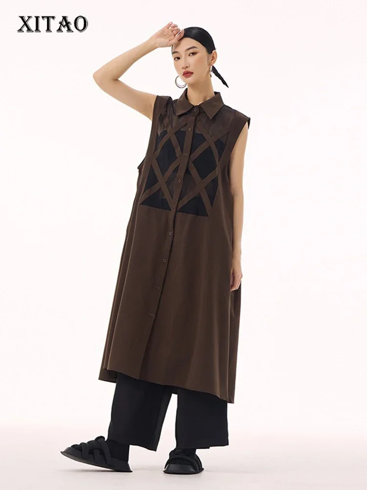 

XITAO Vintage Patchwork Loose Dress Personality Sleeveless Single Breasted Women Casual Fashion Simple Shirt Dress GMM1303