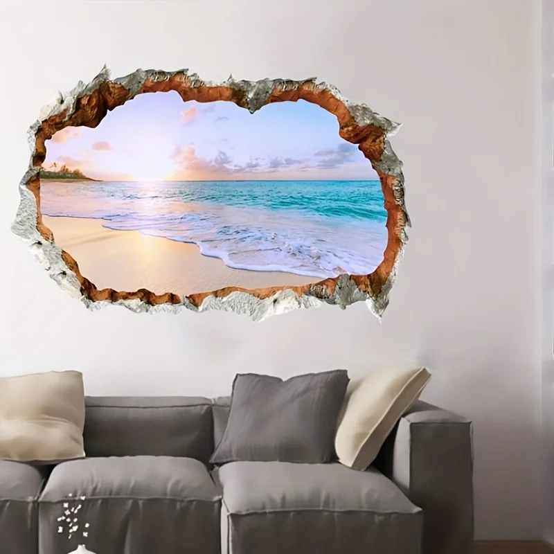 1pc Beach View Wall Sticker - Self-Adhesive Living Room Decal for Home and Bathroom Decoration - Removable and Easy to Apply