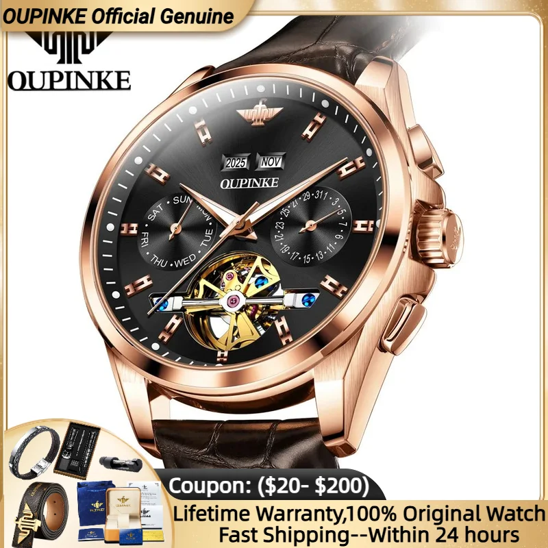 

OUPINKE 3291, новая версия, мужские часы, многофункциональные полые водонепроницаемые наручные часы с оригинальным кожаным ремешком