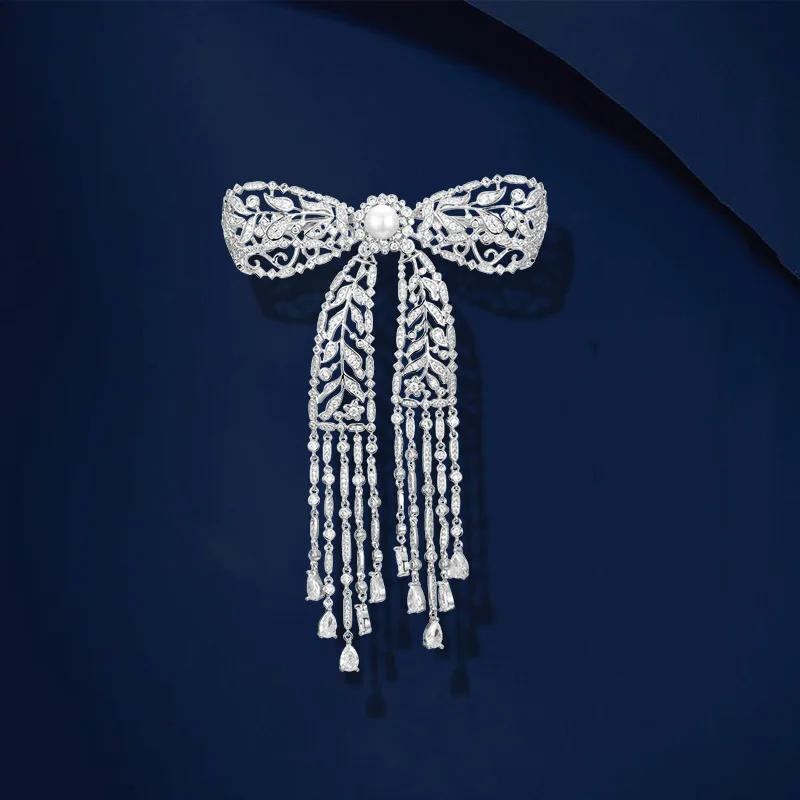 

High-end Micro-zirconium Tassel Bow Brooch for Women and Men Suit Pin Palace Retro Style Fresh Water Pearl Corsage Accessories