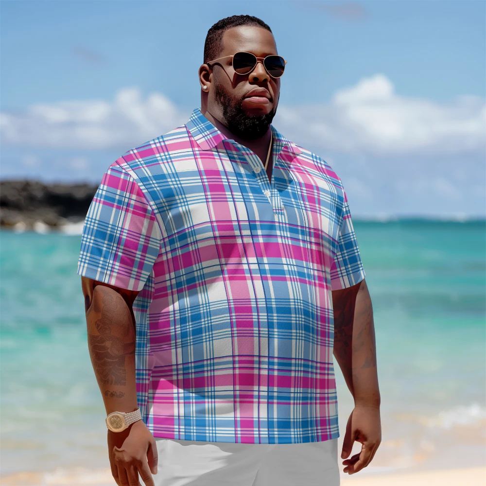 

1 men's plus size polo shirt with summer blue and pink checkered print casual lapel button suitable for shopping and golf