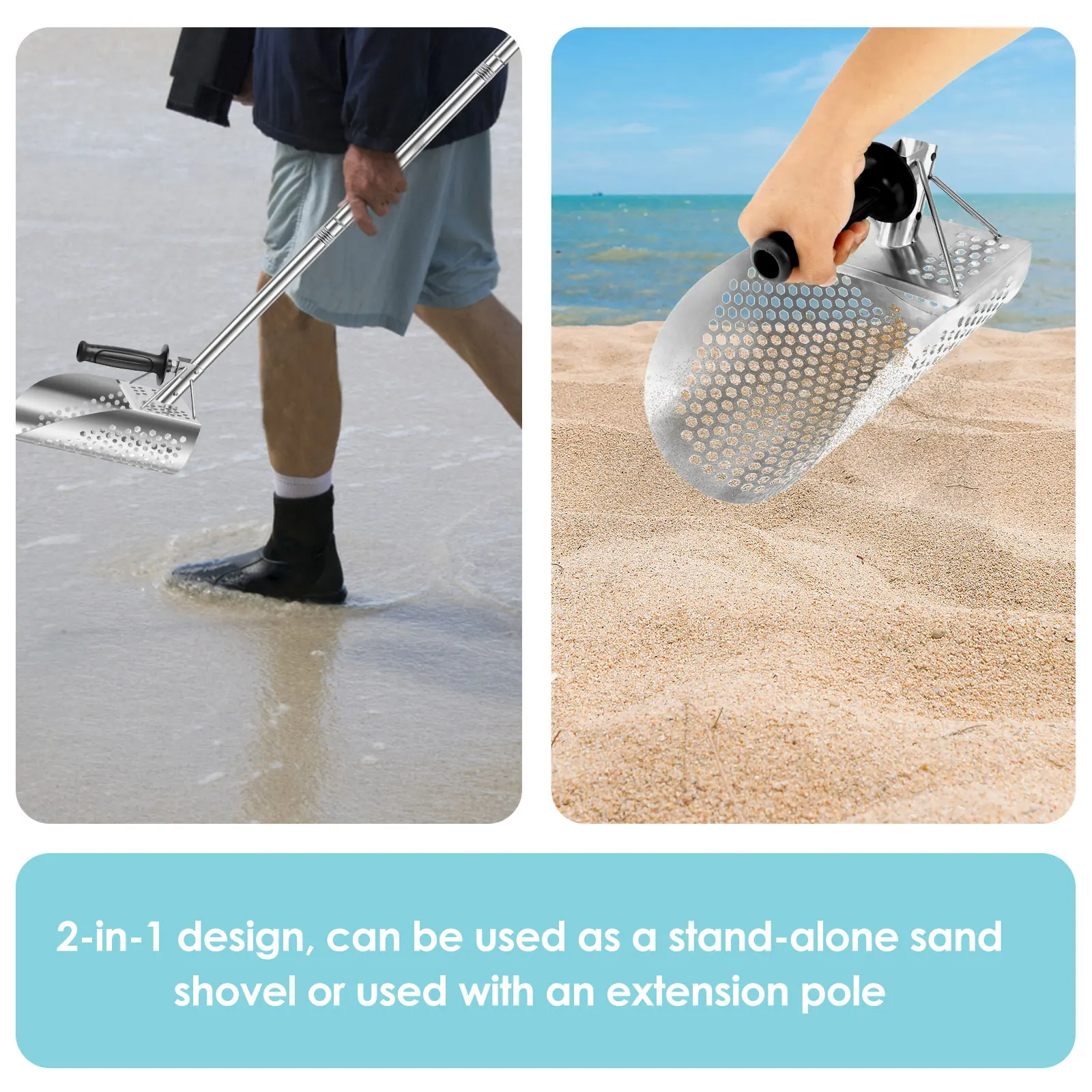 Long Handle Sand Scoop Heavy Duty Stainless Steel Metal Detecting Sand Scoop with Long Handle for Underwater Treasure Hunting