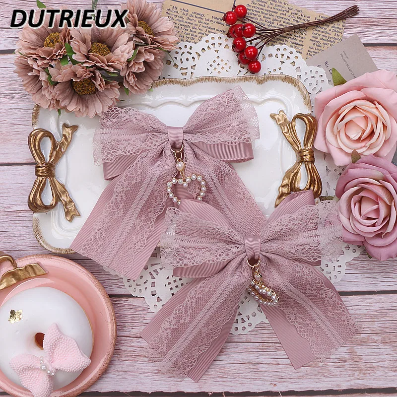 Japanese Style Sweet and Cute Girls All-matching Lace Headdress Kawaii Love Pendant Big Bow Hair Clips Accessories for Women