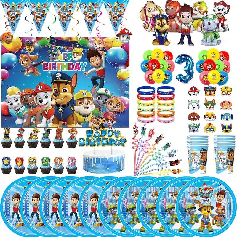 Paw Patrol Theme Birthday Party Decorations Tableware Kit Happy Canine Patrol Balloon Deco Glasses Banner Supplies For Kids Boy