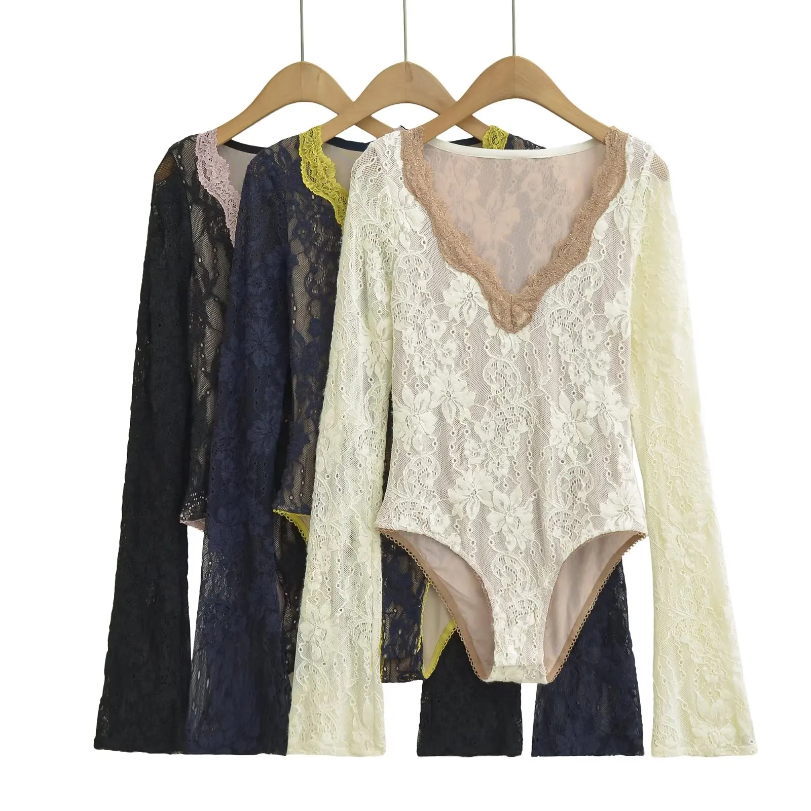 Women Sexy Contrast Color V Collar See Through Lace Flower Flare Sleeve Bodysuit Tight Short Jumpsuit Slim Fit Rompers Playsuits