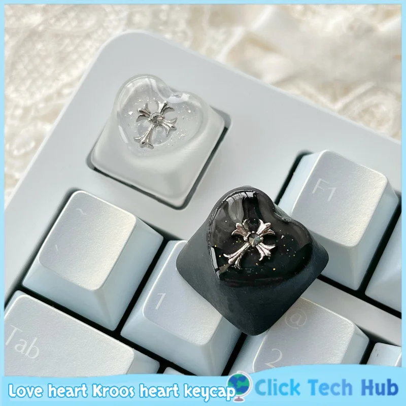 WANI Artisan Keycap, mattiert, durchscheinend, herzförmig, silberfarbenes Kreuz, Glitzer, Epoxidharz, für mechanische Tastatur mit magnetischer Achse