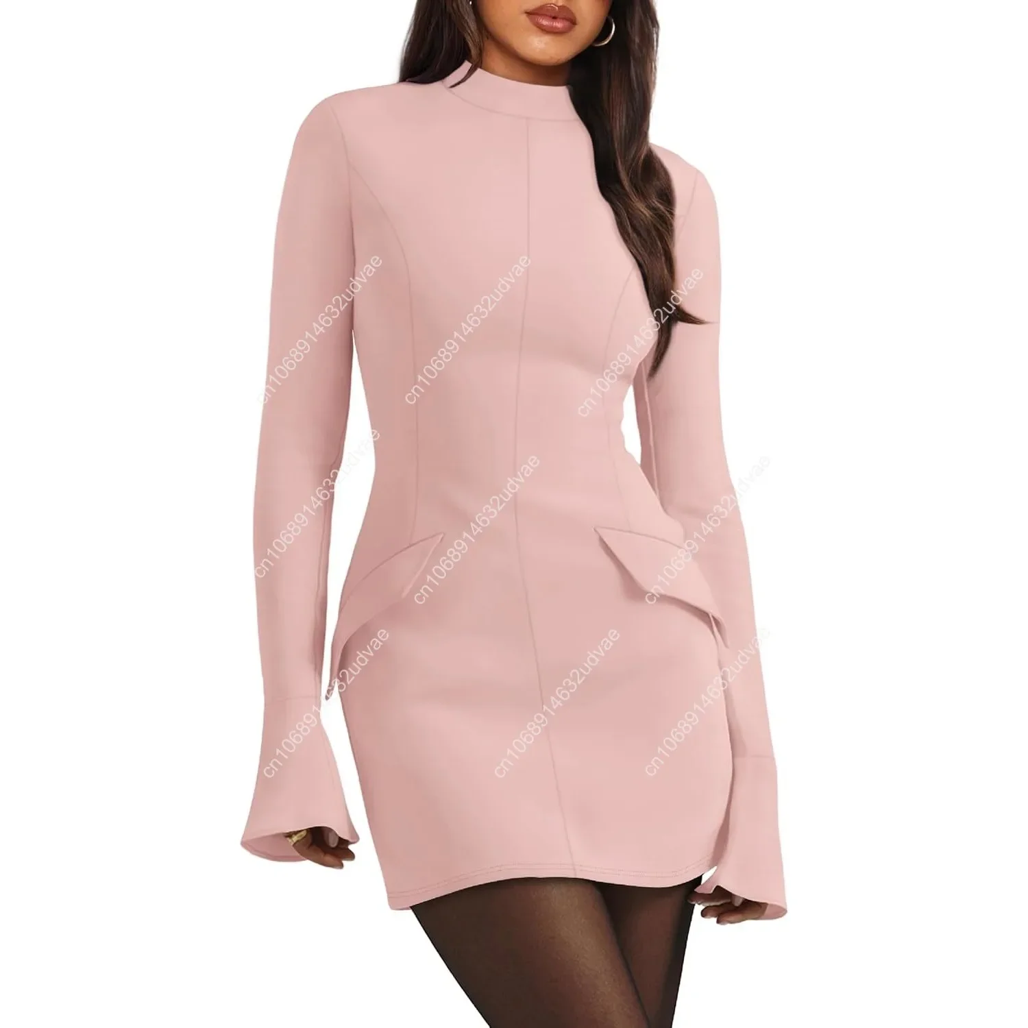 

OFEEFAN Women's Fall Long Sleeve Mock Neck Dress Basic Party Club Bodycon Mini Dresses