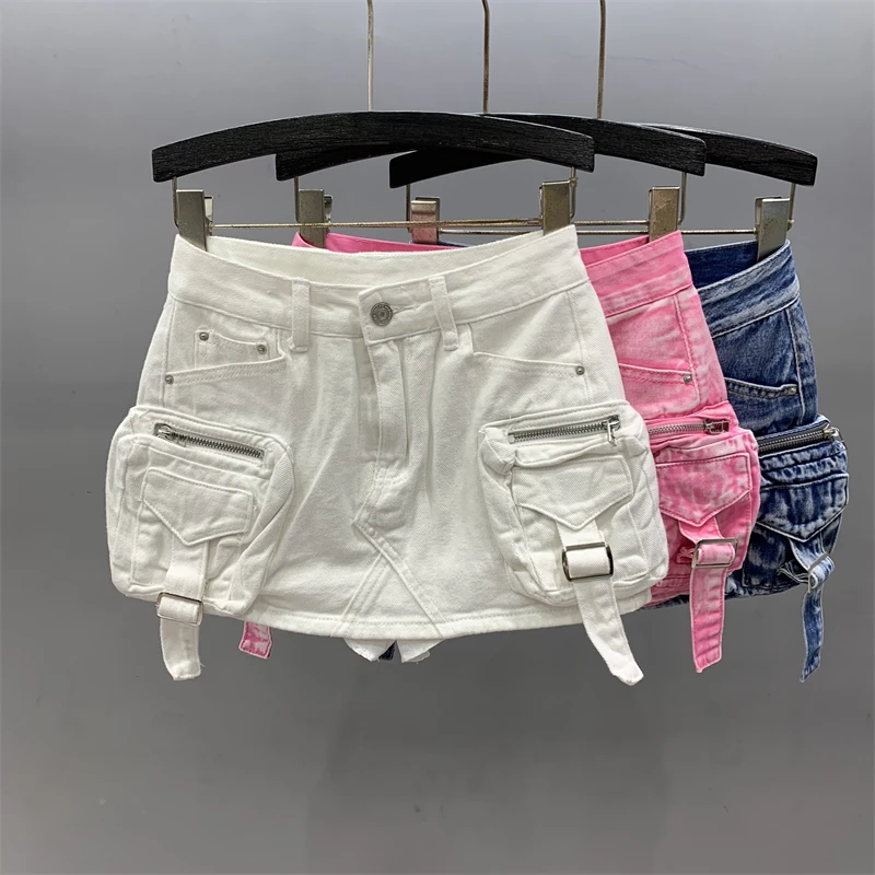 

Women's Denim Skirt Solid Color Washed 3d Pockets Design A-line High Waist Cargo Mini Skirt 2024 Summer New Fashion