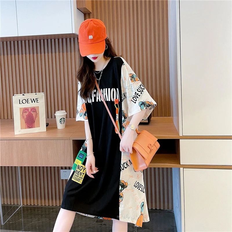 Extra Large 300 Pou mi-longue ort-savé t-shirt Dr paresseux été nouveau Sle ample Version coréenne imprimé h-line Dr