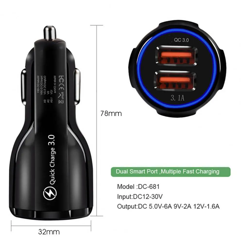 USB Charger 12/24V Universal LED Indicator Dual Port Auto Charger Fast Charging QC3.0 Bowling Car Charger for Automobile